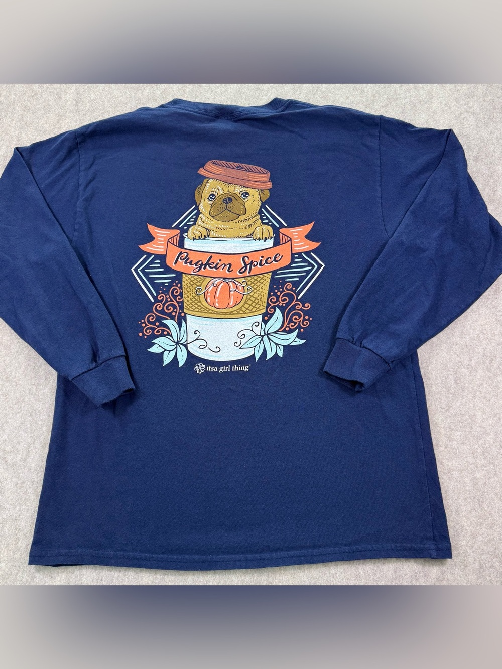 Itsa Girl Things Fall Graphic Print Navy Long Sleeve. Features Pumpkin spice Pug